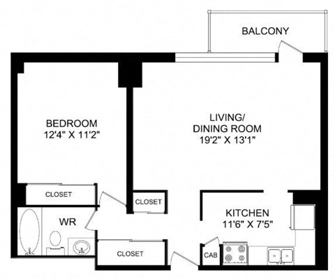 Floor plan for 1 bed, 1 bath, 690 sqft